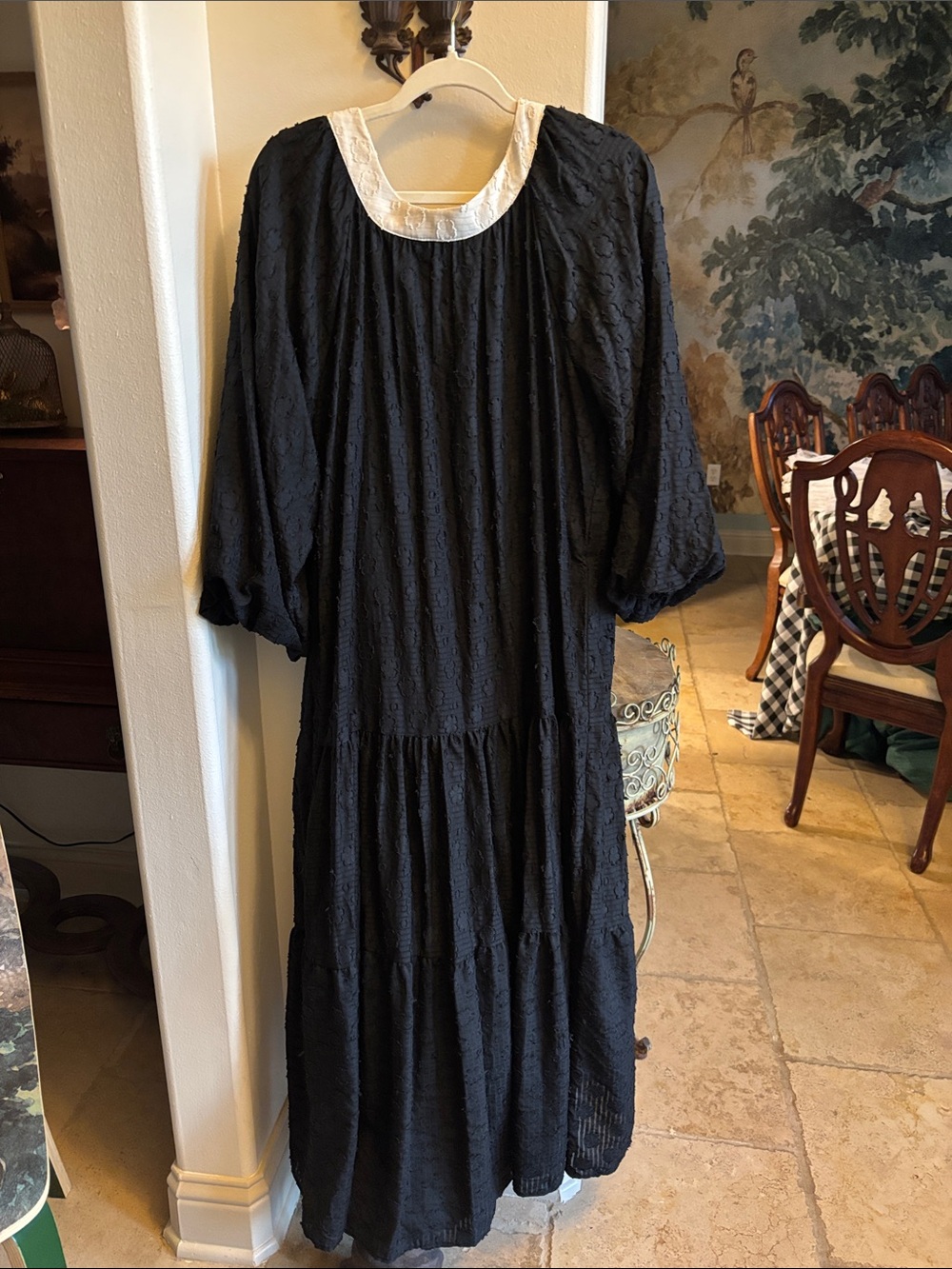 Black Maxi Dress with Cream Round Neckline - Women's Tiered Maxi